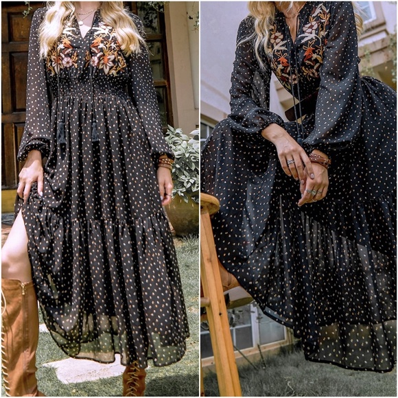 Boho floral print embroidered Polka Dot Maxi dress - Picture 2 of 4
